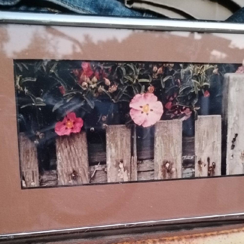 1 Floral Fence Framed Retro Art By Joseph B. 7x15 Landscape View Circa 1990s